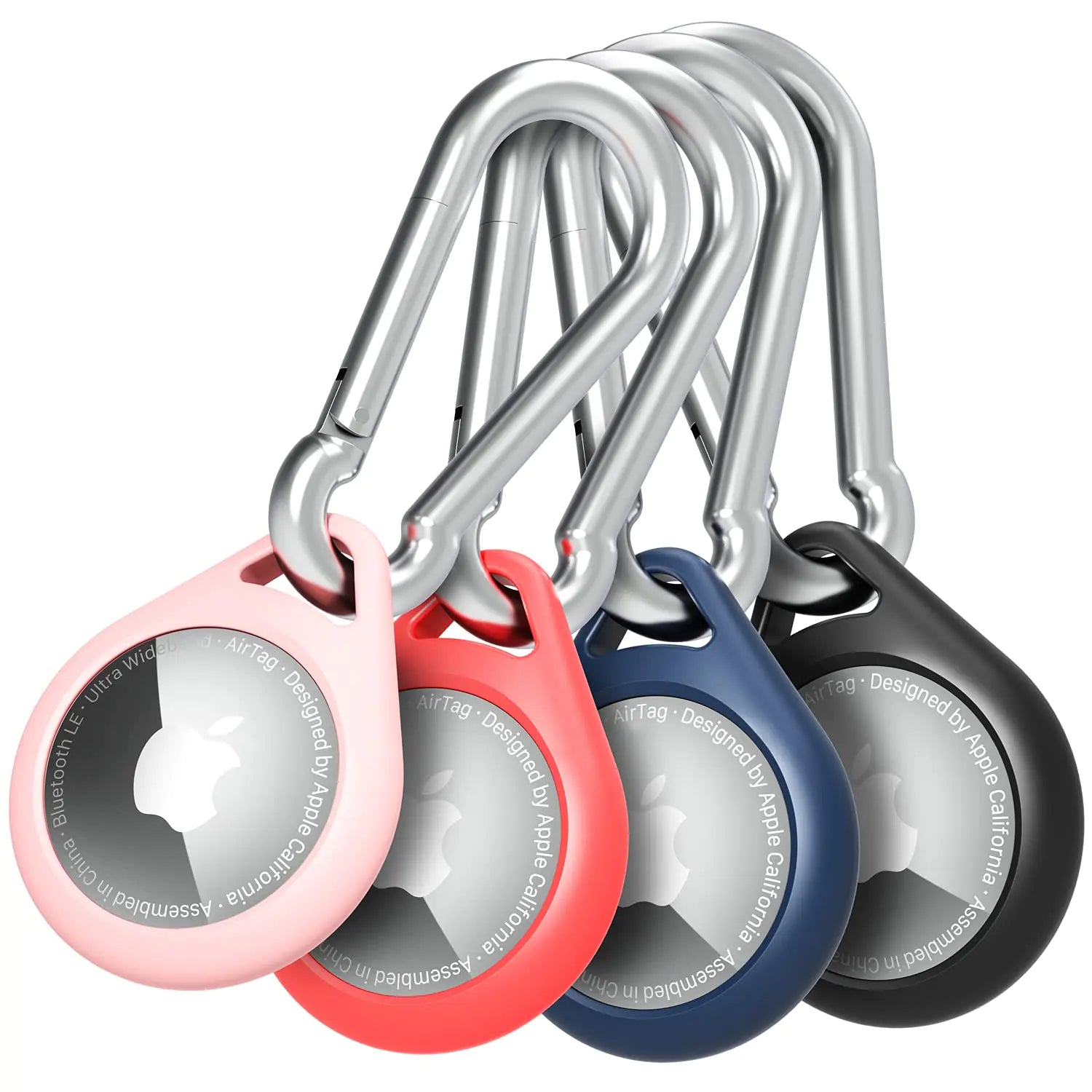 Vena Protective Silicone Case Compatible with Apple Airtag (4 Packs) Anti-Rust Aluminum Alloy Carabiner Perfect for Keychain Pet Collar Backpack Luggage (Black Red Blue & Pink)